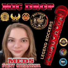 a poster for meds event organizer shows a woman and a microphone