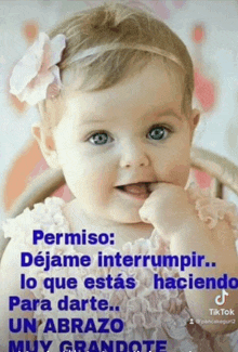 a baby in a pink dress with a flower in her hair and a caption in spanish