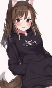 a girl with cat ears and a tail is wearing a black hoodie with the word bone on it .