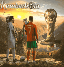 two soccer players standing next to each other in front of a large trophy and the words kembarbola on the bottom