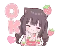 a girl with a cat ear is wearing a kimono with strawberries on it and says ok