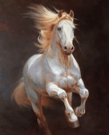 a painting of a white horse with a long mane running in the dark .