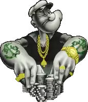 popeye is holding a pile of poker chips