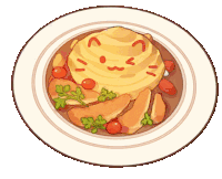 a plate of food with a cat on top of it