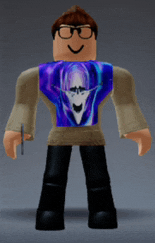 a roblox character with glasses and a purple shirt on