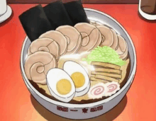 a bowl of ramen with eggs , meat and seaweed on a table .