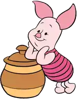 a piglet from winnie the pooh leans on a honey pot