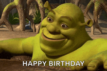 shrek is laying in the dirt with the words happy birthday written below him