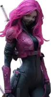 a woman with pink hair is holding a samurai sword