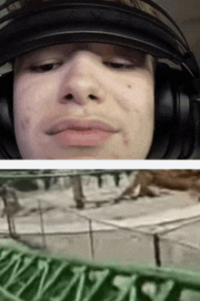 a man wearing headphones is next to a picture of a fence and a dollar bill