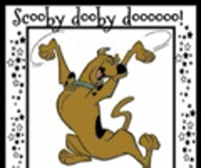 scooby doo is holding a frisbee in his mouth and dancing in a frame .