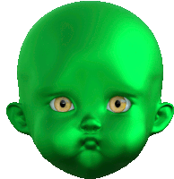 a green baby 's head with yellow eyes and a sad look on his face