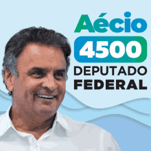 a man is smiling in front of a sign that says aecio 4500