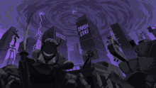 a pixel art of a city with a trash gang sign