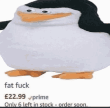 a stuffed penguin is sitting on a white surface and says that it is only 6 left in stock