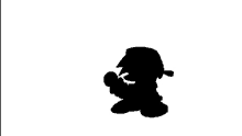 a black and white silhouette of a cartoon character holding a microphone .