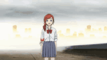 a girl with red hair is wearing a school uniform