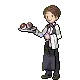 a pixel art illustration of a waiter holding a tray of apples .