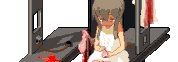 a pixel art of a girl in a white dress sitting in a chair with blood coming out of her mouth .