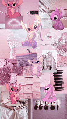 a collage of pink and purple images with the word gucci on the bottom right