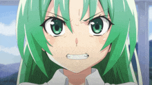 a close up of a anime girl with green hair