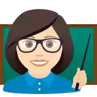 a woman wearing glasses and a blue shirt holds a pointer in front of a blackboard