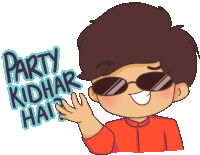 a cartoon of a boy wearing sunglasses and a sticker that says party kidhar hai