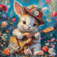 a painting of a cat playing a guitar in a garden