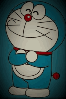 doraemon is a cartoon character that is standing with his arms crossed and a red nose .