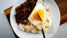 a plate of food with rice and a fried egg