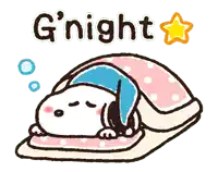 a cartoon of snoopy sleeping under a blanket with the words g ' night written above him