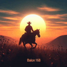 a man riding a horse in a field with balon 168 on the bottom right