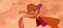 a cartoon character from aladdin is drinking water from a bottle .