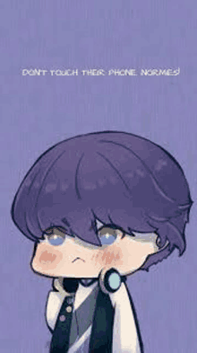 a cartoon of a boy with purple hair holding a cell phone .