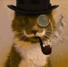 a cat wearing a top hat , goggles and a pipe .