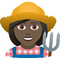 a woman wearing a straw hat and overalls holds a pitchfork