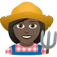 a woman wearing a straw hat and overalls holds a pitchfork