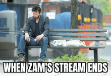 a man is sitting on a bench with the words when zam 's stream ends below him