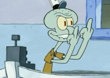 squidward from spongebob squarepants is giving the middle finger while wearing a hat .