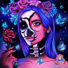 a drawing of a woman with half of her face painted like a skeleton holding a rose