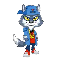 a cartoon wolf wearing a blue hat with the letter w on the front