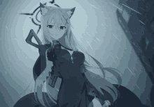 a girl with white hair and cat ears is holding a gun in the rain