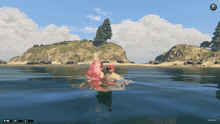 a screenshot of a video game shows a man and a woman swimming in a lake