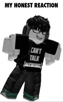 a roblox character wearing a black shirt that says " can 't talk mewing "