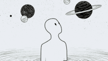 a black and white drawing of a man looking up at planets