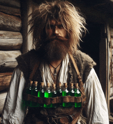 a man with a beard is carrying bottles of green liquid around his waist