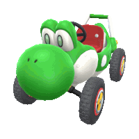 a green and white yoshi toy car with a red seat and steering wheel