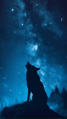 a silhouette of a wolf howling at the stars in the night sky