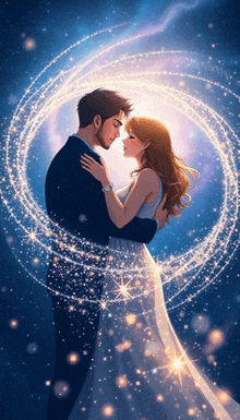 a man and a woman are hugging each other with a circle of stars around them