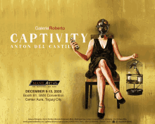 a poster for captivity by anton del castillo shows a woman in a gas mask holding a bird cage